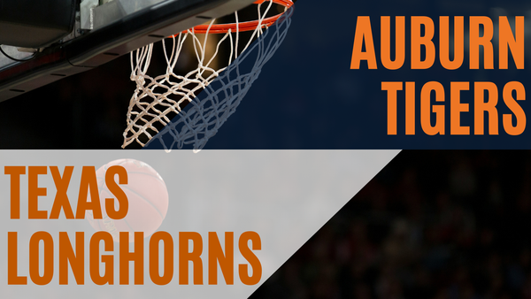 Auburn Tigers vs Texas Longhorns basketball preview graphic with game date and time.